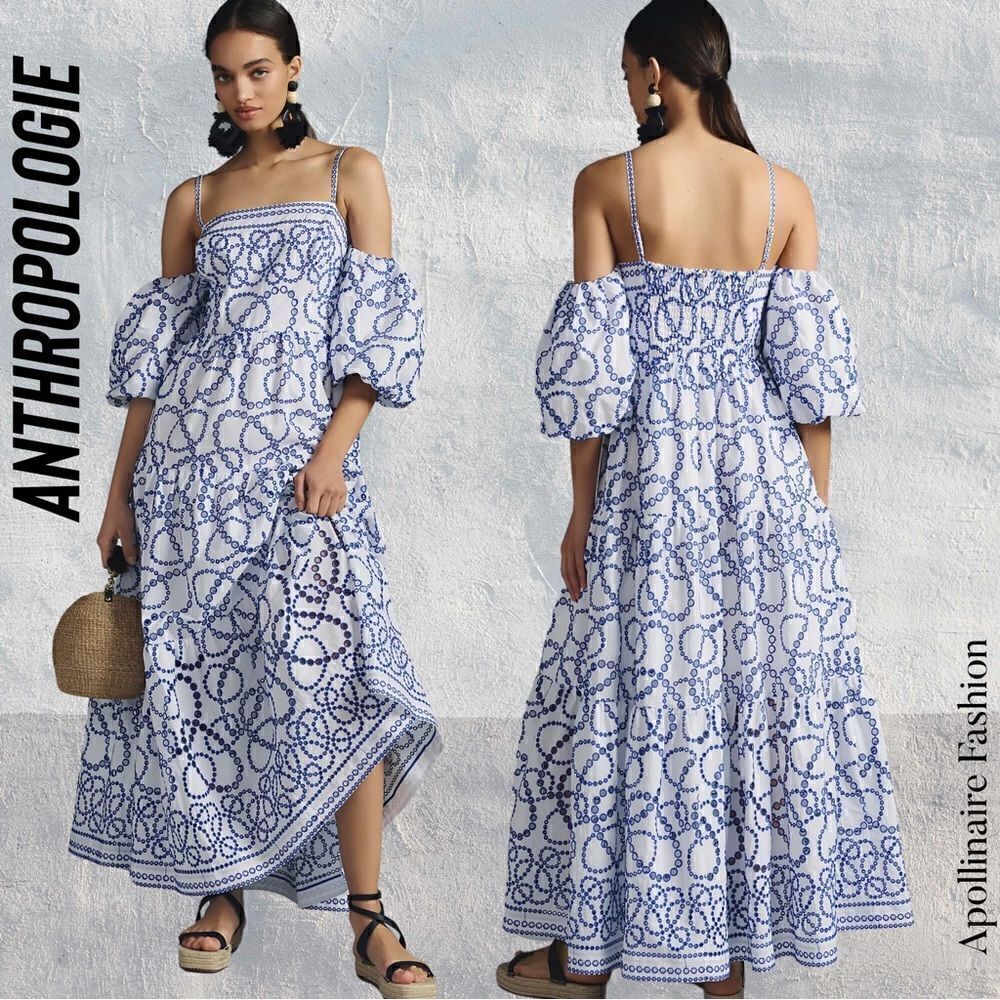 ANTHROPOLOGIE PUFF SLEEVES EYELET MAXI DRESS IN BLUE WHITE NWOT